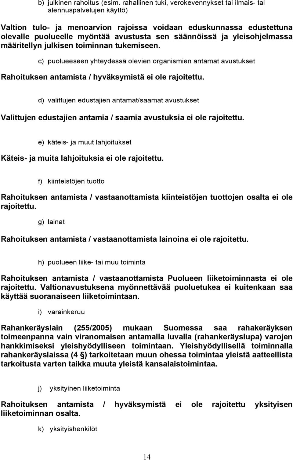 ja yleisohjelmassa määritellyn julkisen toiminnan tukemiseen. c) puolueeseen yhteydessä olevien organismien antamat avustukset Rahoituksen antamista / hyväksymistä ei ole rajoitettu.