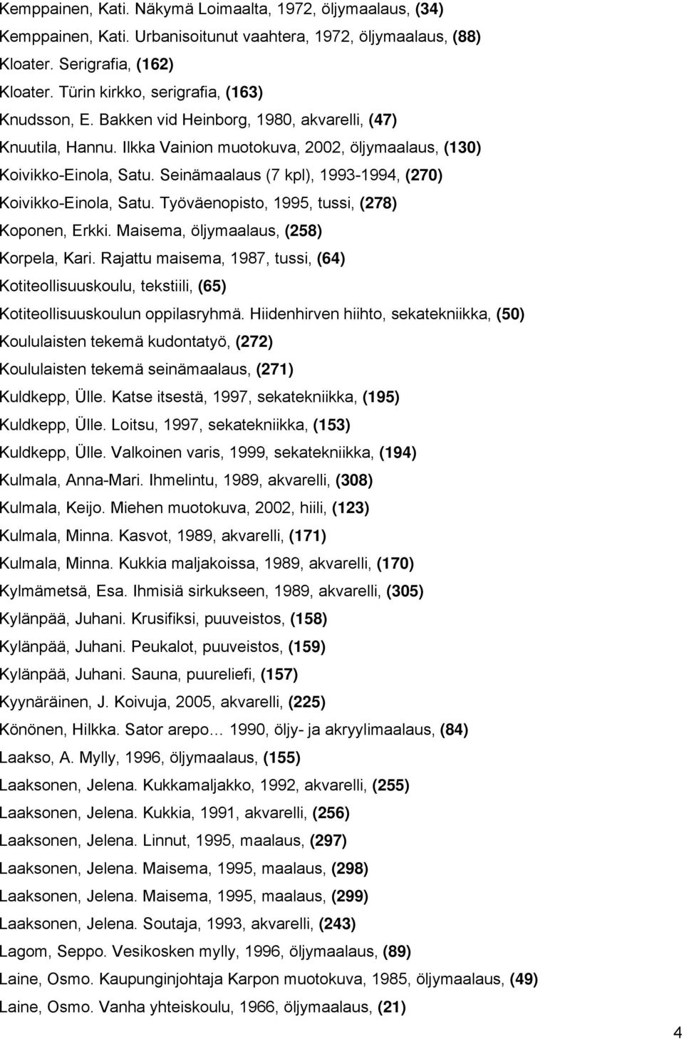 Seinämaalaus (7 kpl), 1993-1994, (270) Koivikko-Einola, Satu. Työväenopisto, 1995, tussi, (278) Koponen, Erkki. Maisema, öljymaalaus, (258) Korpela, Kari.