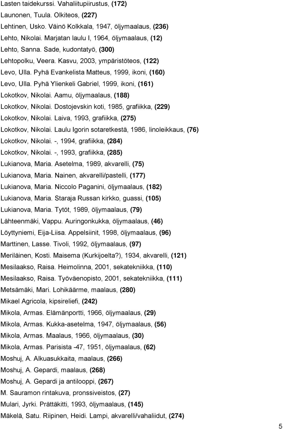 Pyhä Evankelista Matteus, 1999, ikoni, (160) Levo, Ulla. Pyhä Ylienkeli Gabriel, 1999, ikoni, (161) Lokotkov, Nikolai. Aamu, öljymaalaus, (188) Lokotkov, Nikolai.