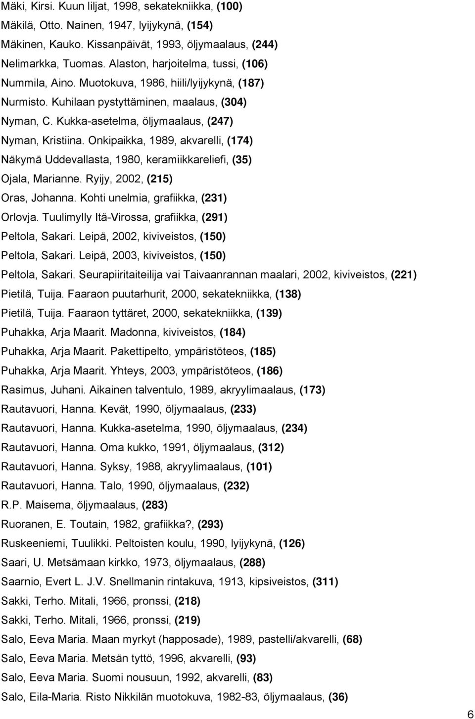 Kukka-asetelma, öljymaalaus, (247) Nyman, Kristiina. Onkipaikka, 1989, akvarelli, (174) Näkymä Uddevallasta, 1980, keramiikkareliefi, (35) Ojala, Marianne. Ryijy, 2002, (215) Oras, Johanna.