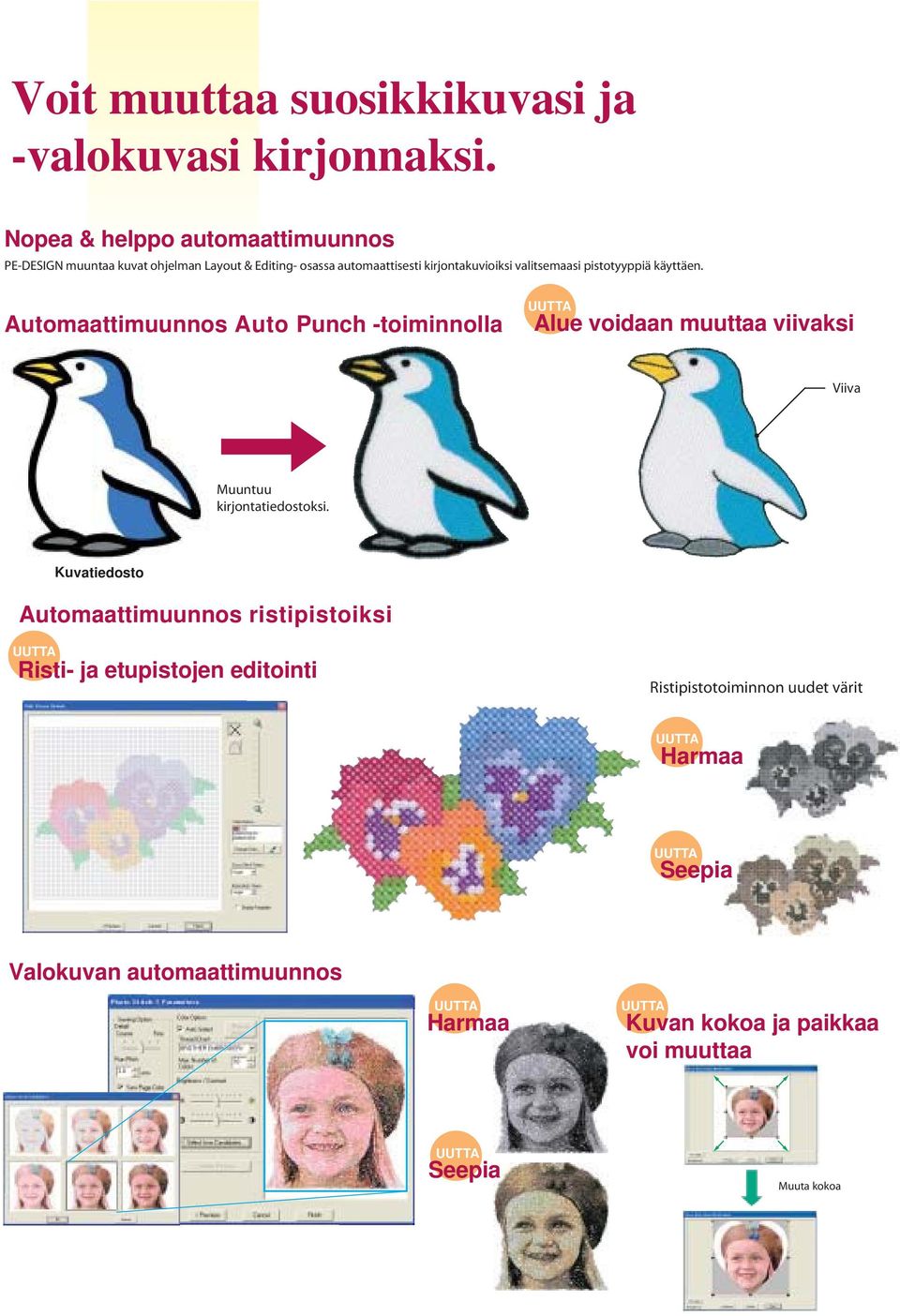 valikoima erilaisia fontteja.) Voit kirjailla myös erittäin pieniä, mutta silti kauniita kirjaimia.