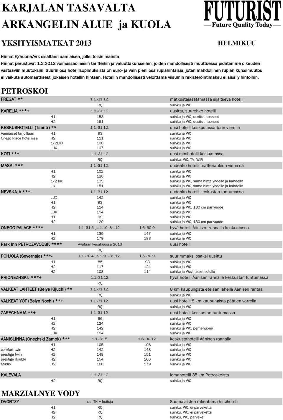 Hotellin mahdollisesti veloittama viisumin rekisteröintimaksu ei sisälly hintoihin. PETROSKOI FREGAT ** 1.1.-31.12.