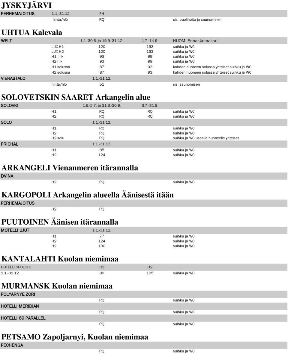 saunomisen SOLOVETSKIN SAARET Arkangelin alue SOLOVKI 1.6.-2.7. ja 31.6.-30.9. 3.7.-31.8. H1 H2 SOLO 1.1.-31.12.