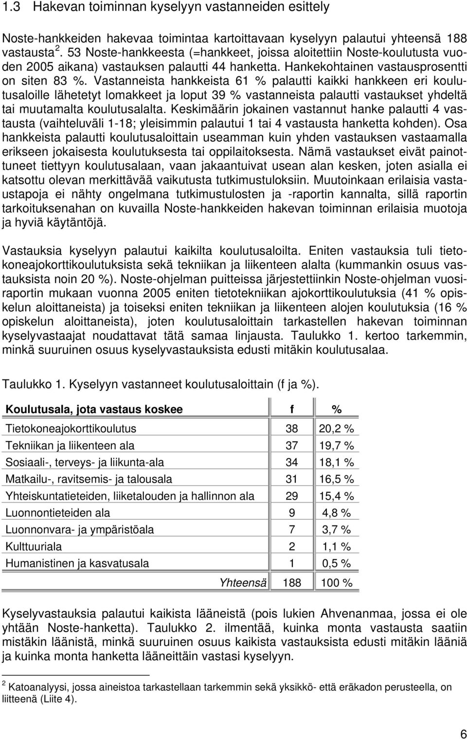 Vastanneista hankkeista 61 % palautti kaikki hankkeen eri koulutusaloille lähetetyt lomakkeet ja loput 39 % vastanneista palautti vastaukset yhdeltä tai muutamalta koulutusalalta.