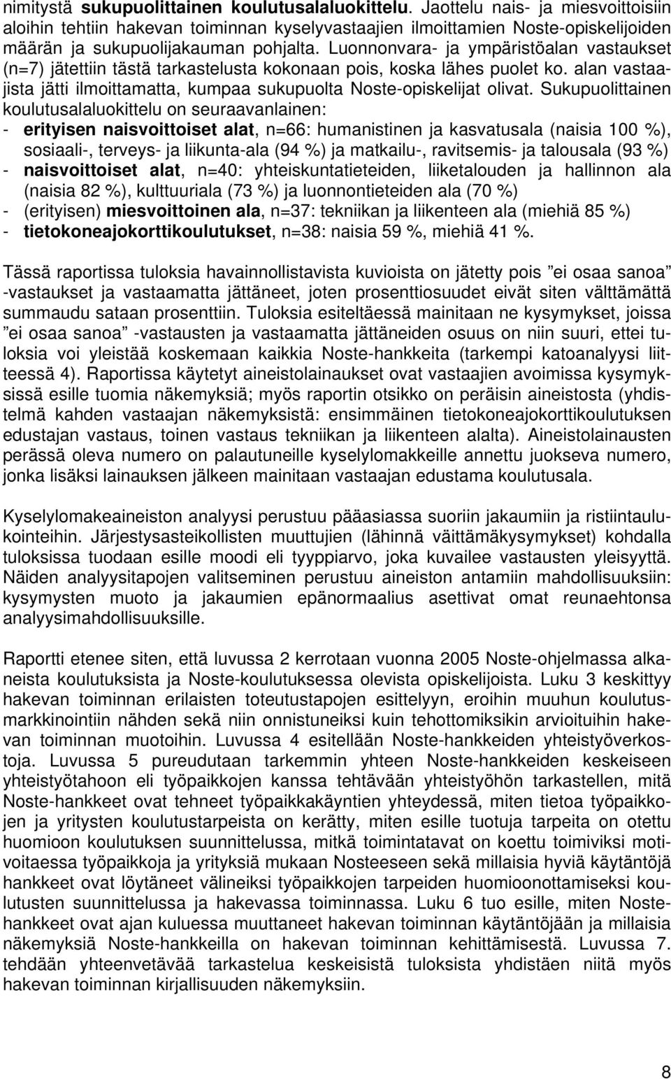 Luonnonvara- ja ympäristöalan vastaukset (n=7) jätettiin tästä tarkastelusta kokonaan pois, koska lähes puolet ko. alan vastaajista jätti ilmoittamatta, kumpaa sukupuolta Noste-opiskelijat olivat.