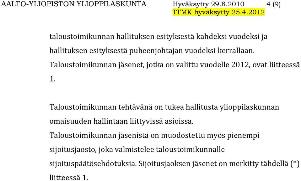 Taloustoimikunnan jäsenet, jotka on valittu vuodelle 2012, ovat liitteessä 1.