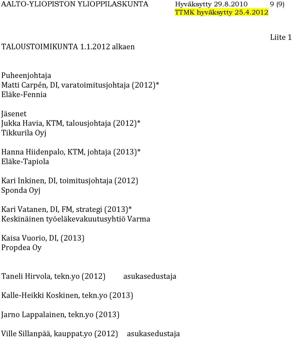 1.2012 alkaen Liite 1 Puheenjohtaja Matti Carpén, DI, varatoimitusjohtaja (2012)* Eläke-Fennia Jäsenet Jukka Havia, KTM, talousjohtaja (2012)* Tikkurila