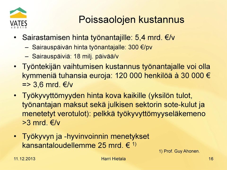 /v Työkyvyttömyyden hinta kova kaikille (yksilön tulot, työnantajan maksut sekä julkisen sektorin sote-kulut ja menetetyt verotulot):