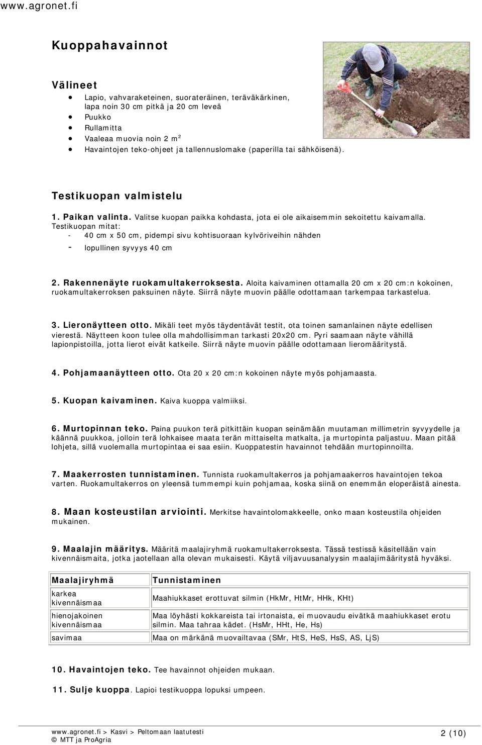 Testikuopan mitat: - 40 cm x 50 cm, pidempi sivu kohtisuoraan kylvöriveihin nähden - lopullinen syvyys 40 cm 2. Rakennenäyte ruokamultakerroksesta.