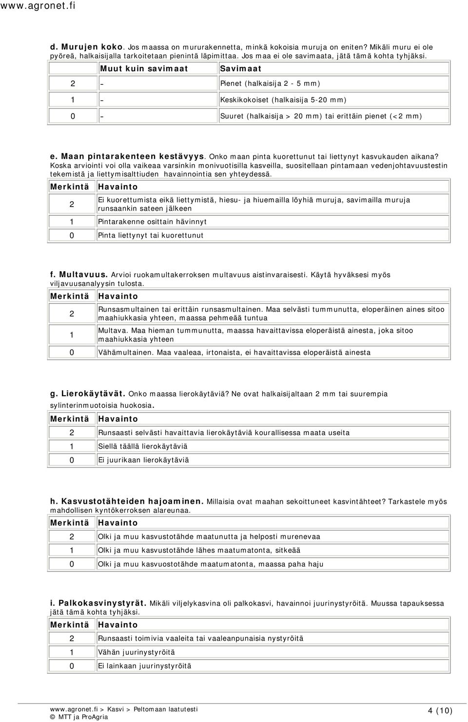 Muut kuin savimaat Savimaat 2 - Pienet (halkaisija 2-5 mm) 1 - Keskikokoiset (halkaisija 5-20 mm) 0 - Suuret (halkaisija > 20 mm) tai erittäin pienet (<2 mm) e. Maan pintarakenteen kestävyys.