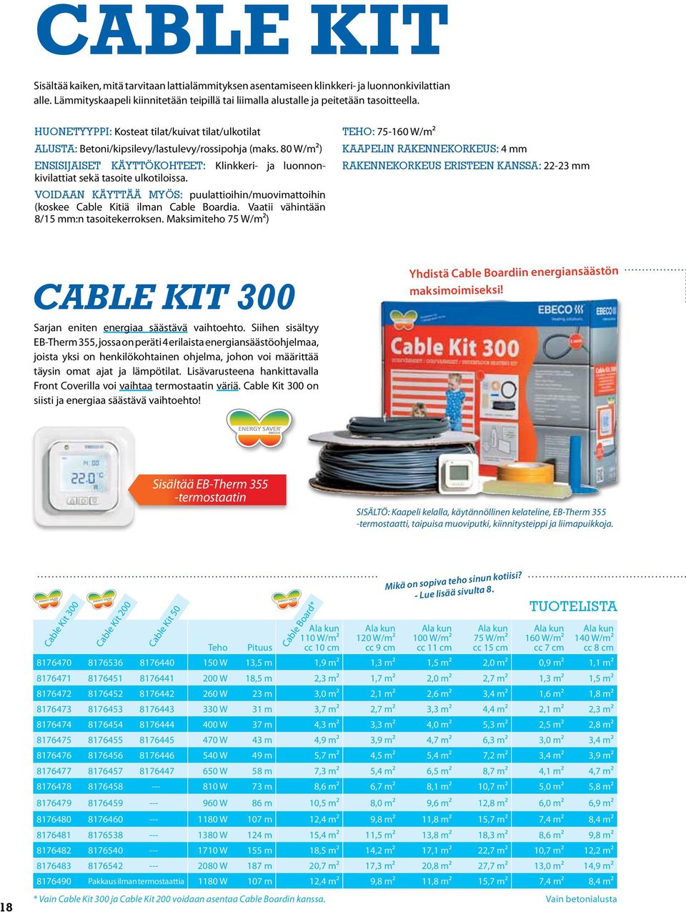 Voidaan käyttää myös: puulattioihin/muovimattoihin (koskee Cable Kitiä ilman Cable Boardia. Vaatii vähintään 8/15 mm:n tasoitekerroksen.