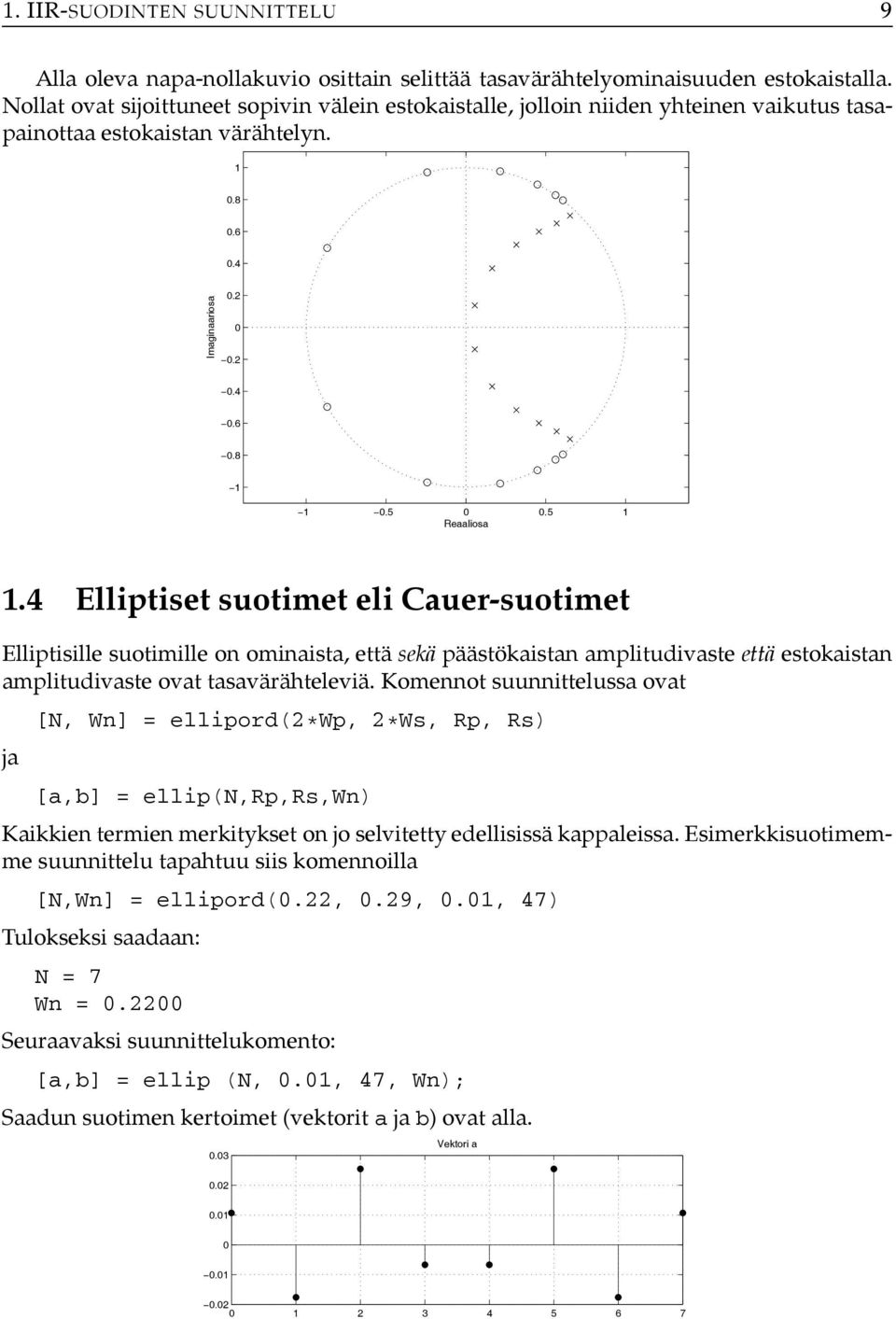 4 Elliptiset suotimet eli Cauer-suotimet Elliptisille suotimille on ominaista, että sekä päästökaistan amplitudivaste että estokaistan amplitudivaste ovat tasavärähteleviä.