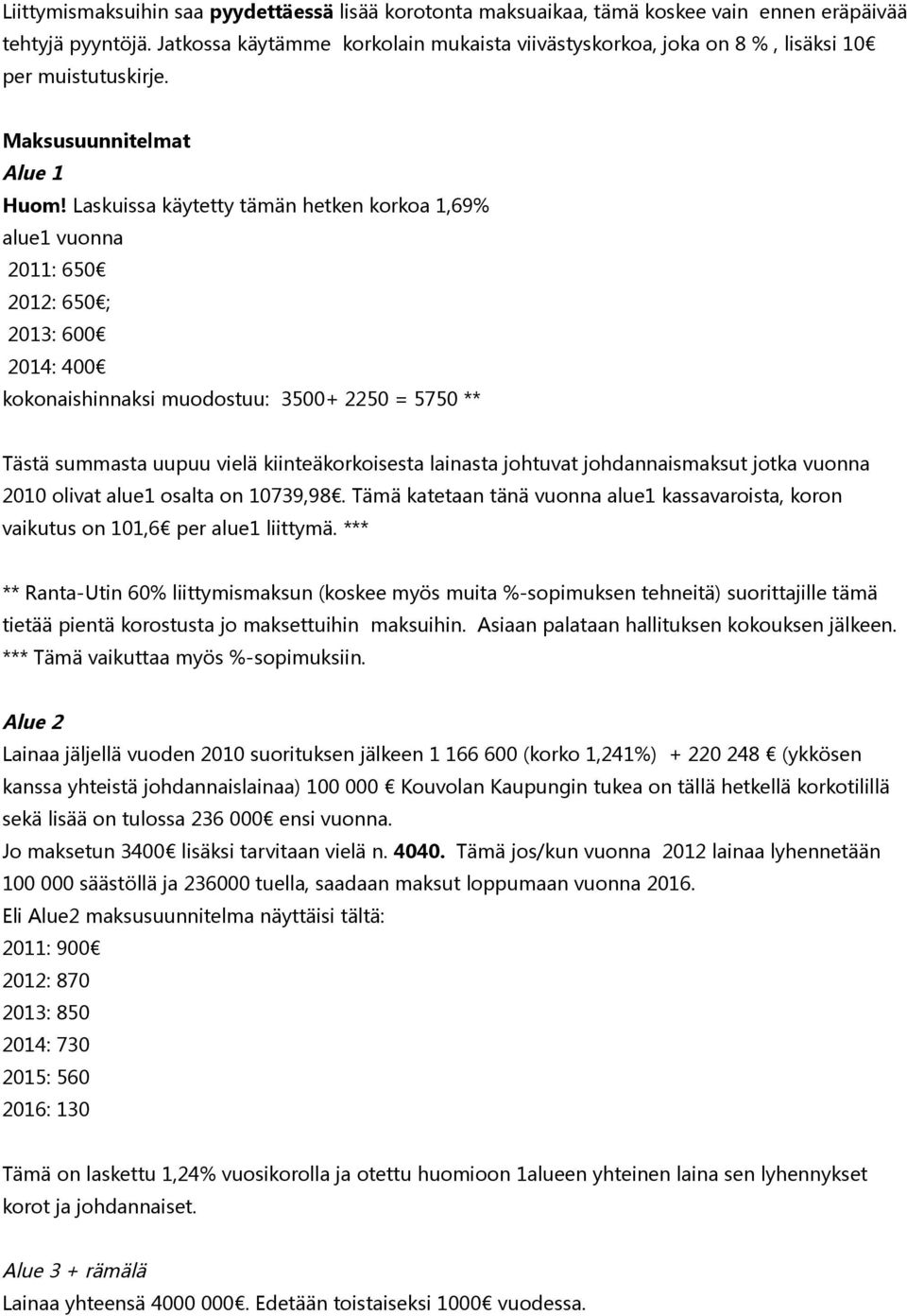 Laskuissa käytetty tämän hetken korkoa 1,69% alue1 vuonna 2011: 650 2012: 650 ; 2013: 600 2014: 400 kokonaishinnaksi muodostuu: 3500+ 2250 = 5750 ** Tästä summasta uupuu vielä kiinteäkorkoisesta