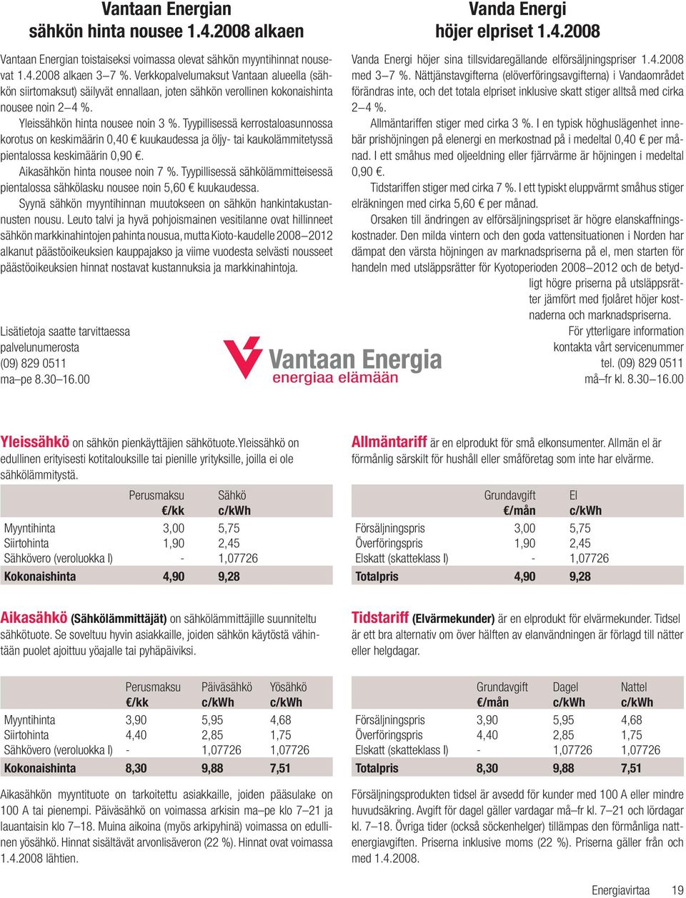 Tyypillisessä kerrostaloasunnossa korotus on keskimäärin 0,40 kuukaudessa ja öljy- tai kaukolämmitetyssä pientalossa keskimäärin 0,90. Aikasähkön hinta nousee noin 7 %.