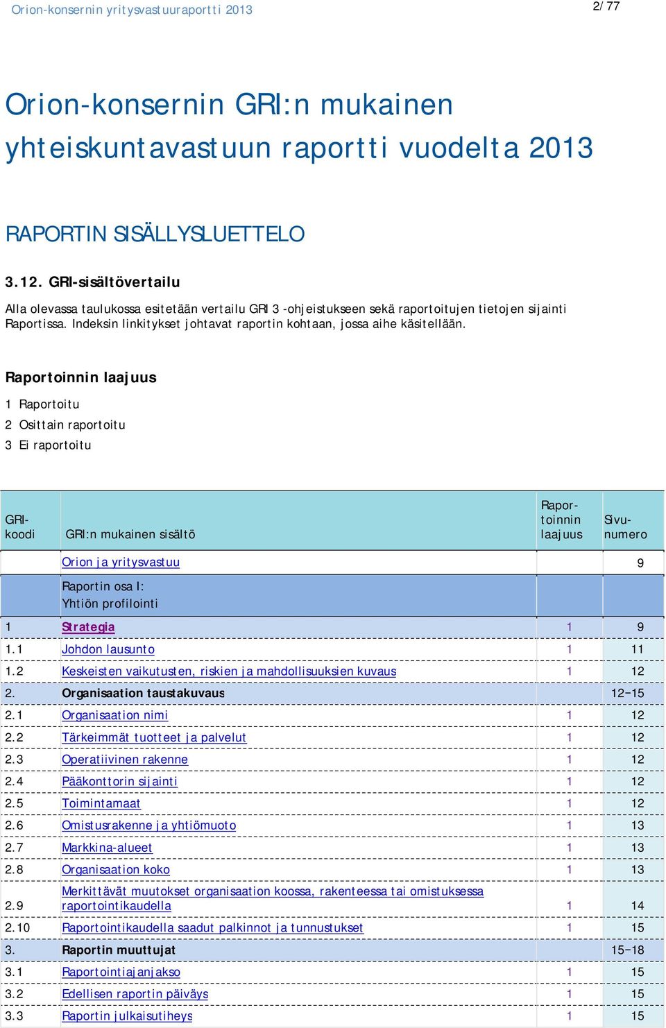 Indeksin linkitykset johtavat raportin kohtaan, jossa aihe käsitellään.