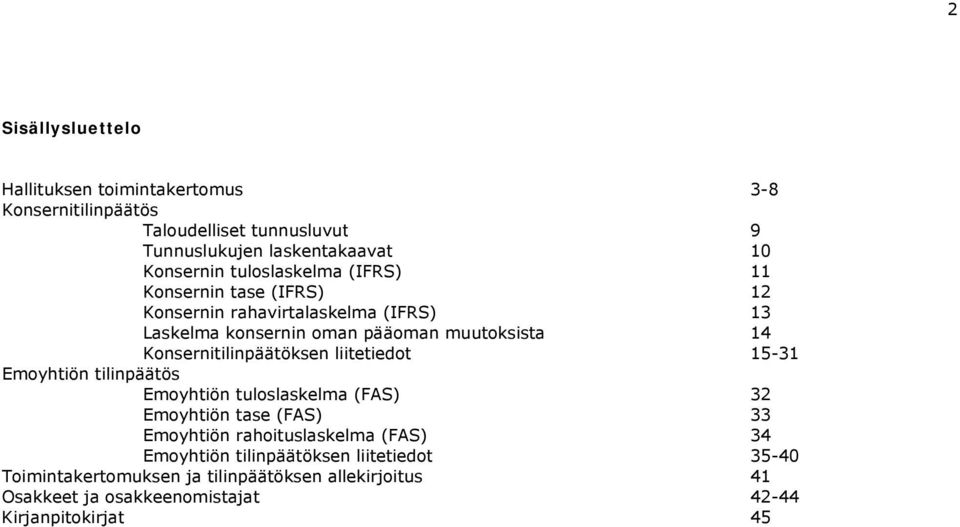 Konsernitilinpäätöksen liitetiedot 15-31 Emoyhtiön tilinpäätös Emoyhtiön tuloslaskelma (FAS) 32 Emoyhtiön tase (FAS) 33 Emoyhtiön rahoituslaskelma