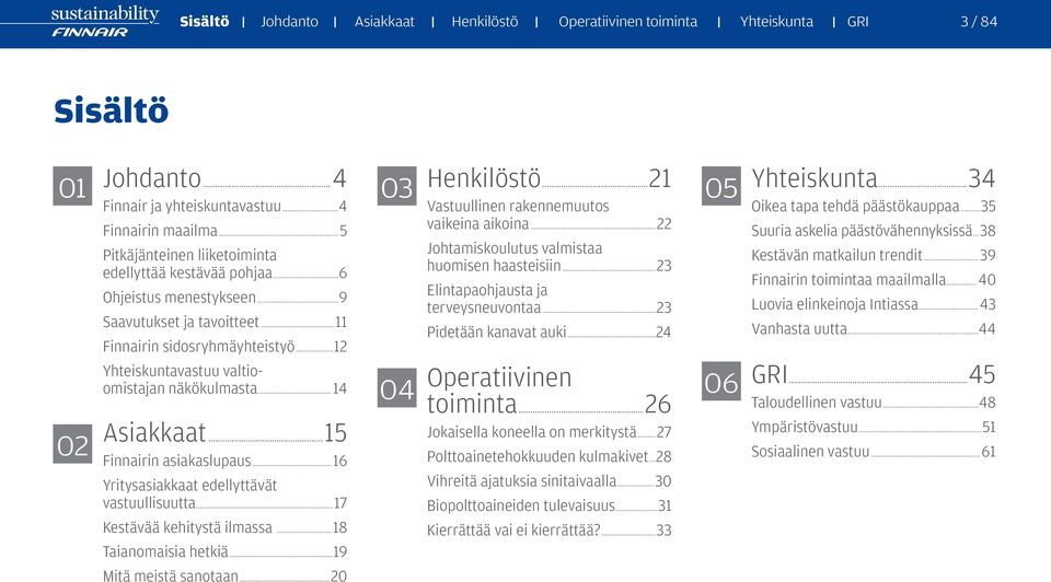 ..12 Yhteiskuntavastuu valtioomistajan näkökulmasta...14 Asiakkaat...15 Finnairin asiakaslupaus...16 Yritysasiakkaat edellyttävät vastuullisuutta...17 Kestävää kehitystä ilmassa.