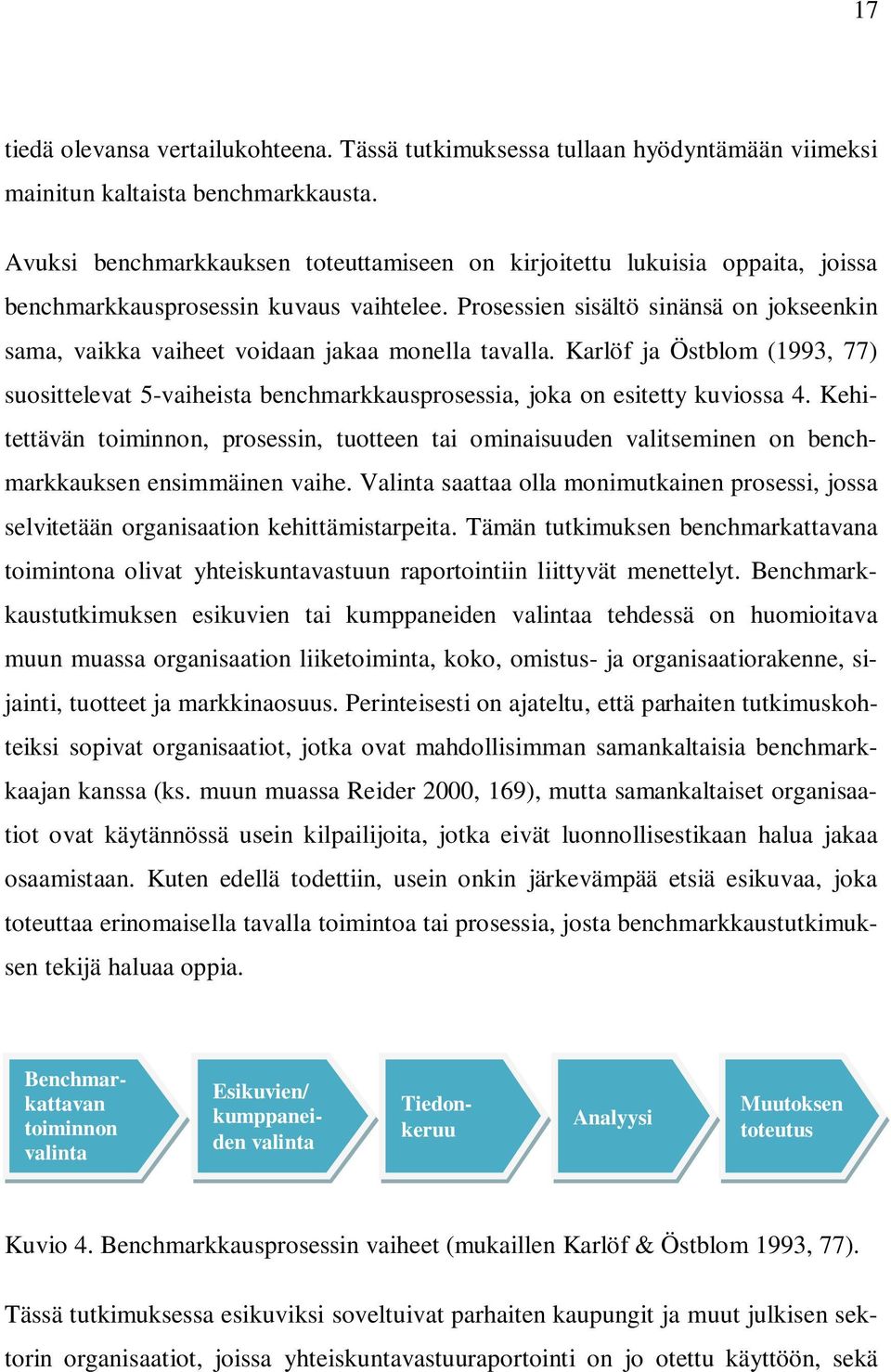 Prosessien sisältö sinänsä on jokseenkin sama, vaikka vaiheet voidaan jakaa monella tavalla. Karlöf ja Östblom (1993, 77) suosittelevat 5-vaiheista benchmarkkausprosessia, joka on esitetty kuviossa 4.