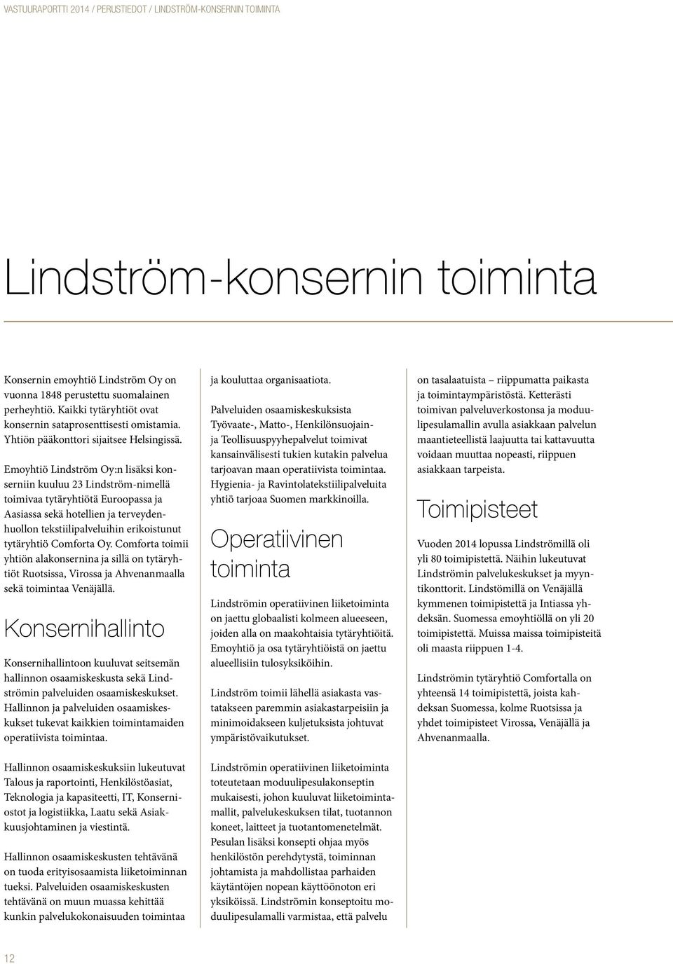 Emoyhtiö Lindström Oy:n lisäksi konserniin kuuluu 23 Lindström-nimellä toimivaa tytäryhtiötä Euroopassa ja Aasiassa sekä hotellien ja terveydenhuollon tekstiilipalveluihin erikoistunut tytäryhtiö