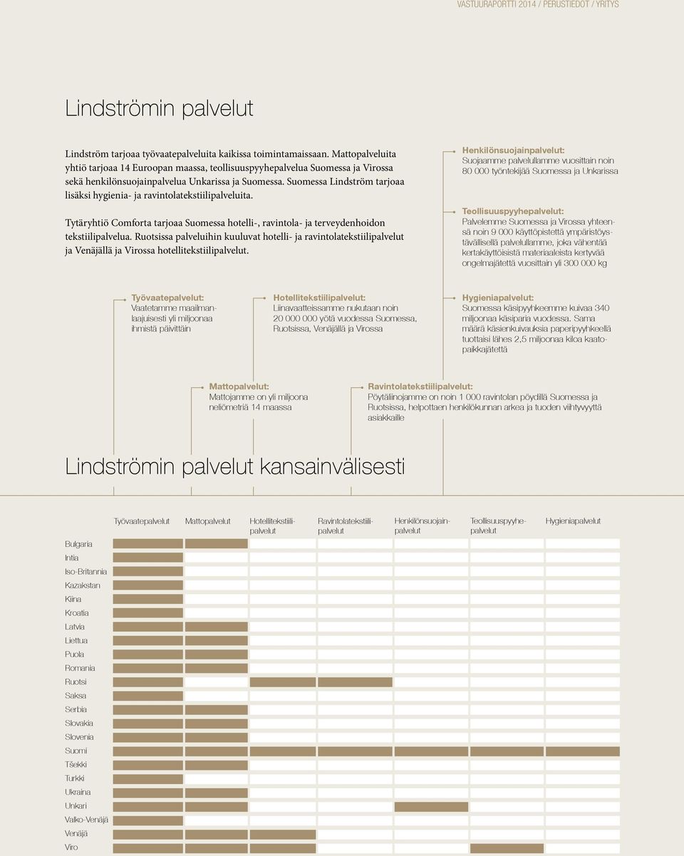 Suomessa Lindström tarjoaa lisäksi hygienia- ja ravintolatekstiilipalveluita. Tytäryhtiö Comforta tarjoaa Suomessa hotelli-, ravintola- ja terveydenhoidon tekstiilipalvelua.