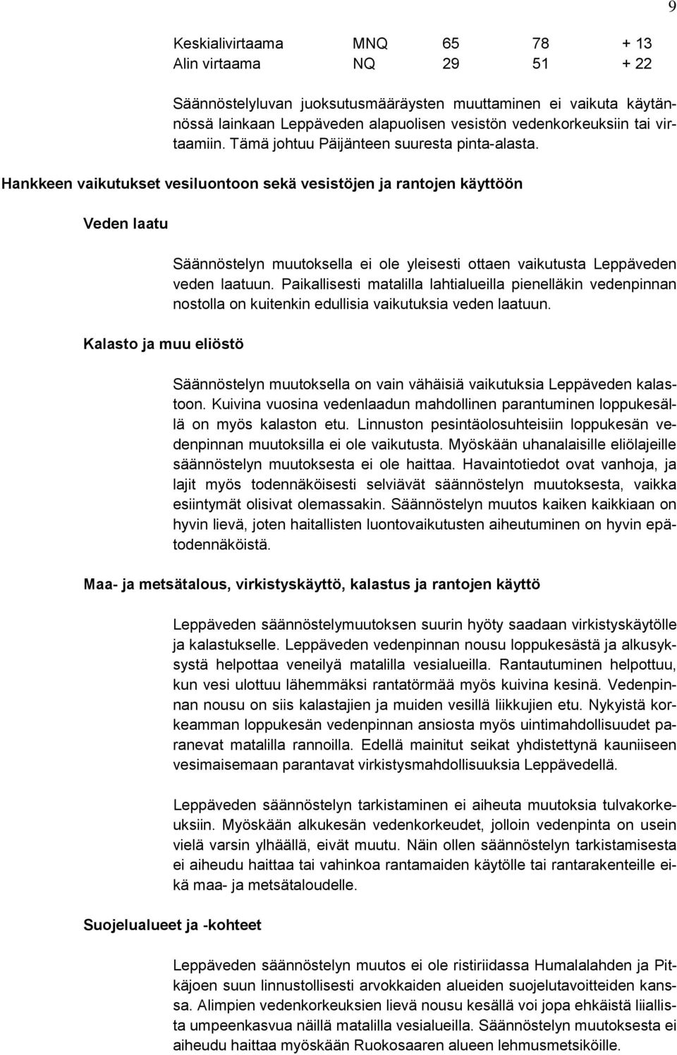 Hankkeen vaikutukset vesiluontoon sekä vesistöjen ja rantojen käyttöön Veden laatu Kalasto ja muu eliöstö Säännöstelyn muutoksella ei ole yleisesti ottaen vaikutusta Leppäveden veden laatuun.