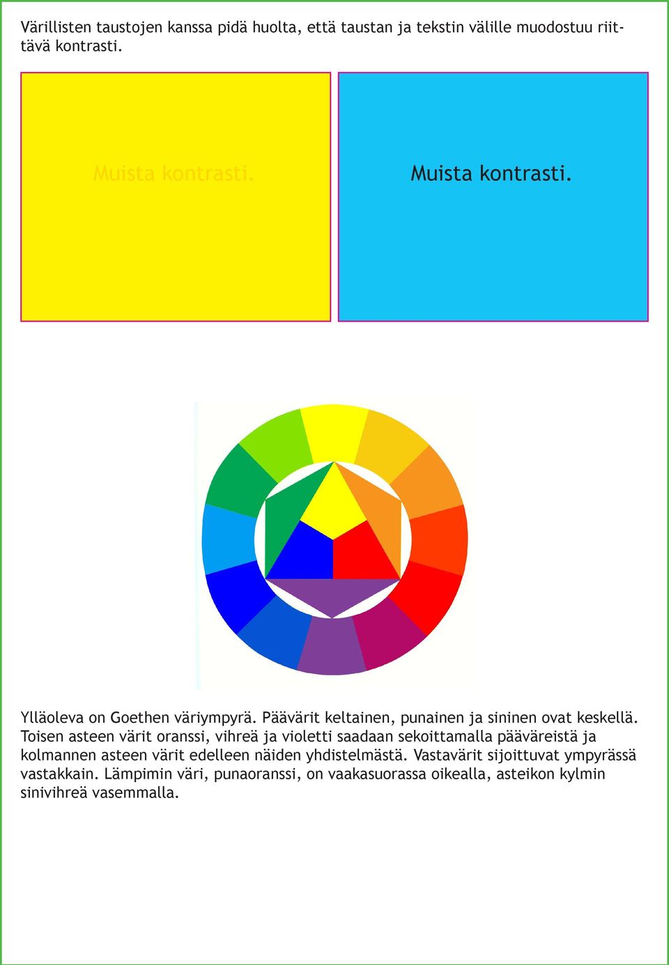 Toisen asteen värit oranssi, vihreä ja violetti saadaan sekoittamalla pääväreistä ja kolmannen asteen värit edelleen näiden