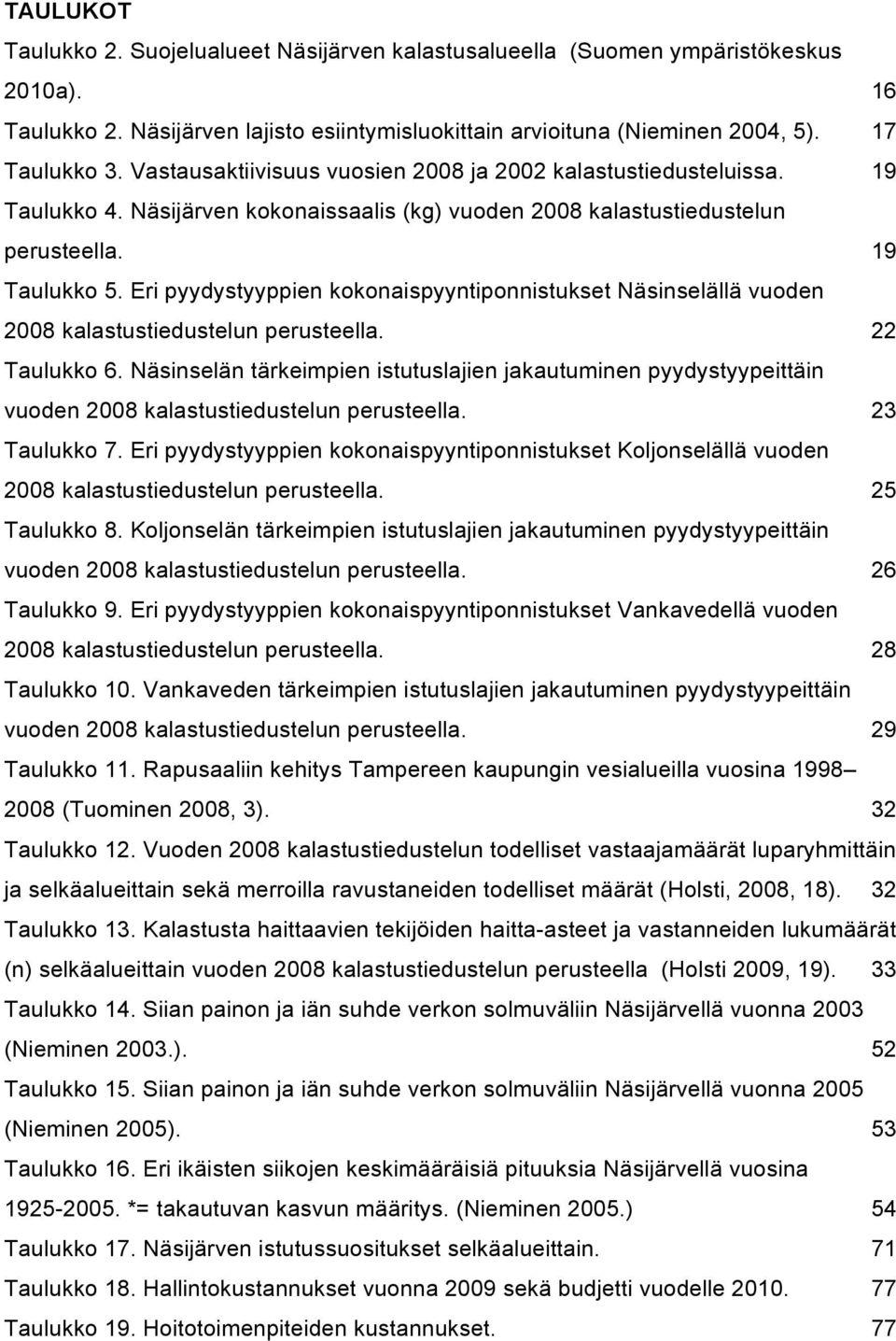 Eri pyydystyyppien kokonaispyyntiponnistukset Näsinselällä vuoden 2008 kalastustiedustelun perusteella. 22 Taulukko 6.