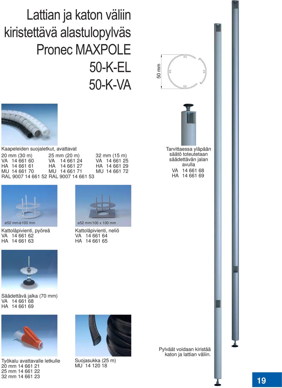 avulla VA 14 661 68 HA 14 661 69 ø52 mm/ø100 mm ø52 mm/100 x 100 mm Kattoläpivienti, pyöreä VA 14 661 62 HA 14 661 63 Kattoläpivienti, neliö VA 14 661 64 HA 14 661 65 Säädettävä jalka