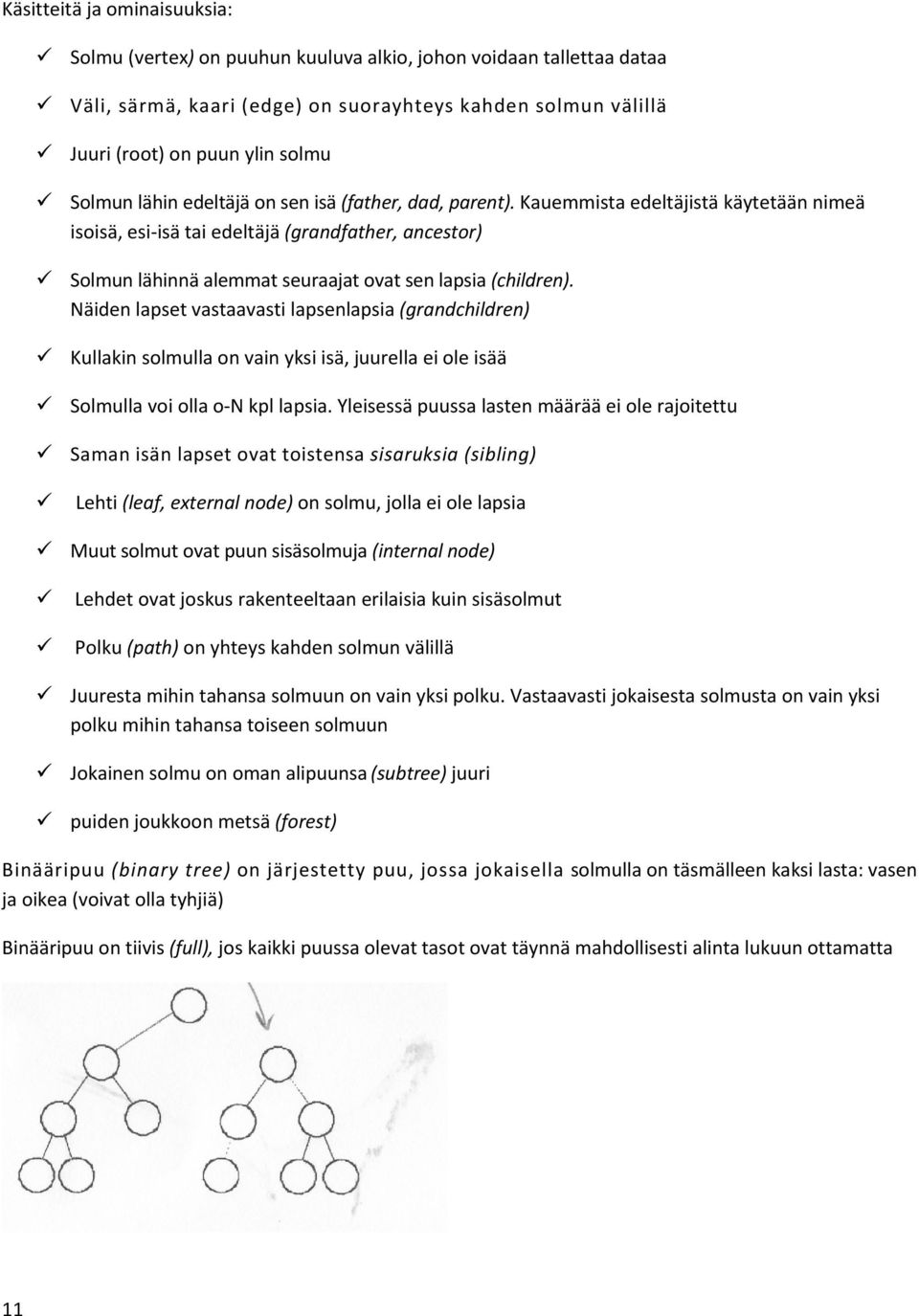 Kauemmista edeltäjistä käytetään nimeä isoisä, esi isä tai edeltäjä (grandfather, ancestor) Solmun lähinnä alemmat seuraajat ovat sen lapsia (children).