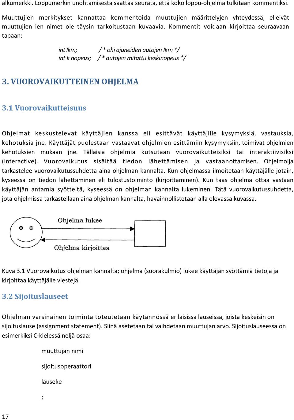 Kommentit voidaan kirjoittaa seuraavaan tapaan: int Ikm; / * ohi ajaneiden autojen Ikm */ int k nopeus; / * autojen mitattu keskinopeus */ 3. VUOROVAIKUTTEINEN OHJELMA 3.