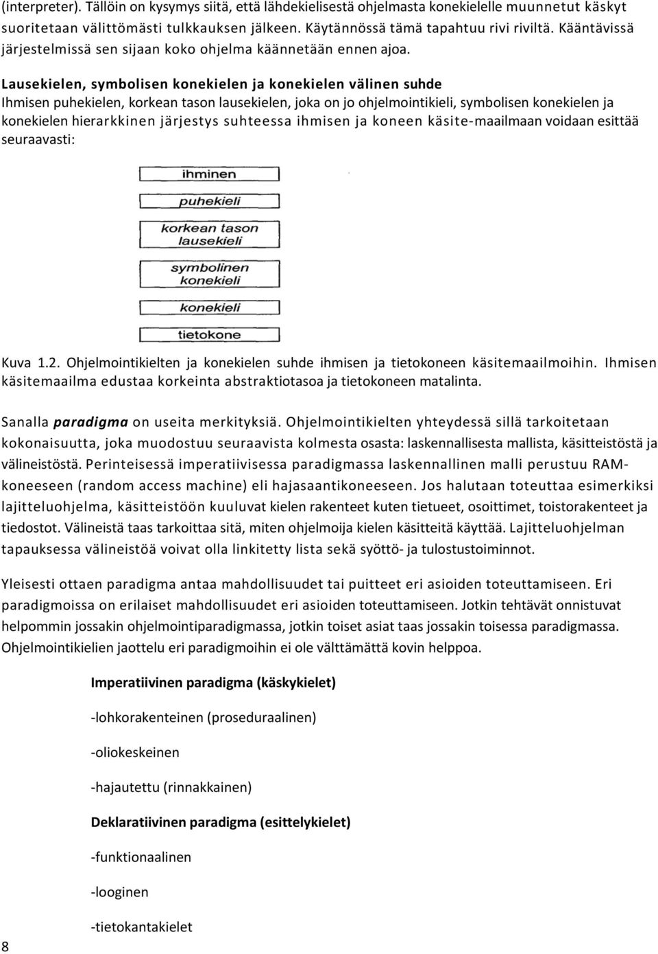 Lausekielen, symbolisen konekielen ja konekielen välinen suhde Ihmisen puhekielen, korkean tason lausekielen, joka on jo ohjelmointikieli, symbolisen konekielen ja konekielen hierarkkinen järjestys