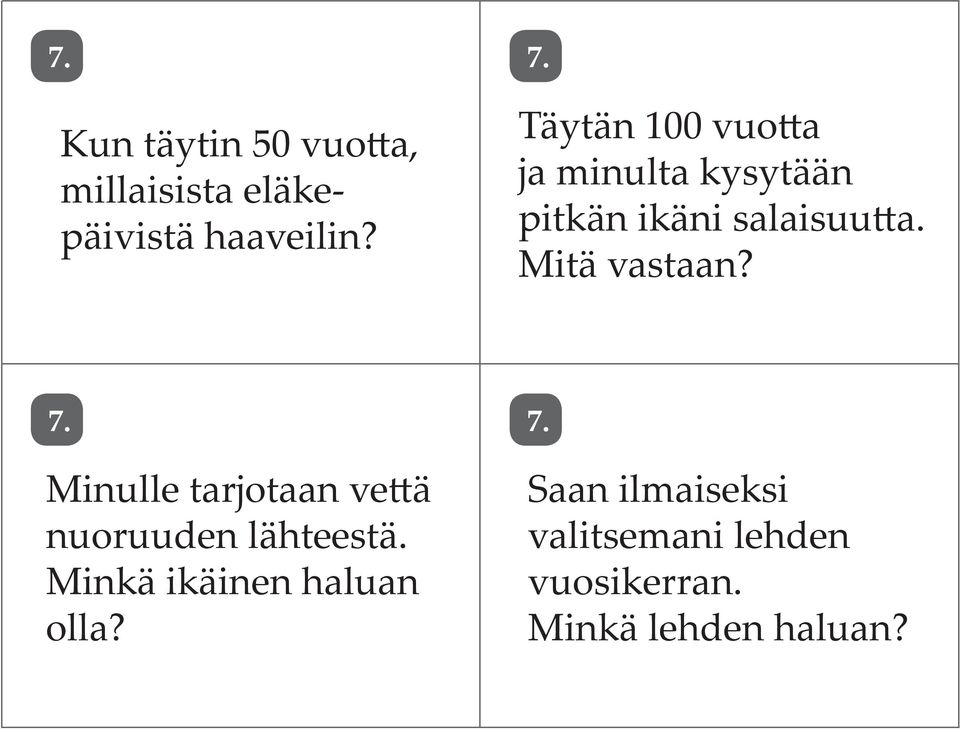 Mitä vastaan? 7. Minulle tarjotaan vettä nuoruuden lähteestä.