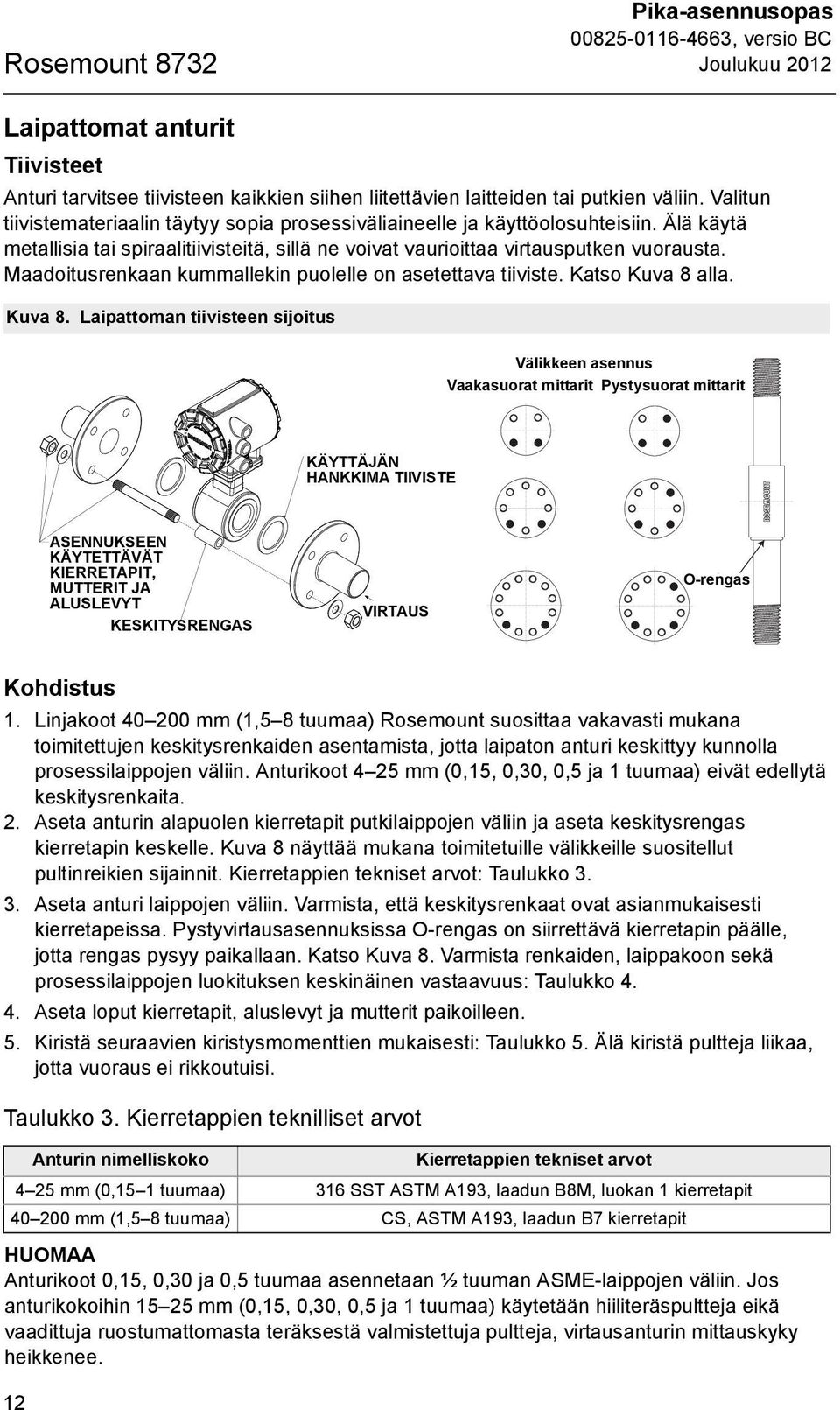 Maadoitusrenkaan kummallekin puolelle on asetettava tiiviste. Katso Kuva 8 