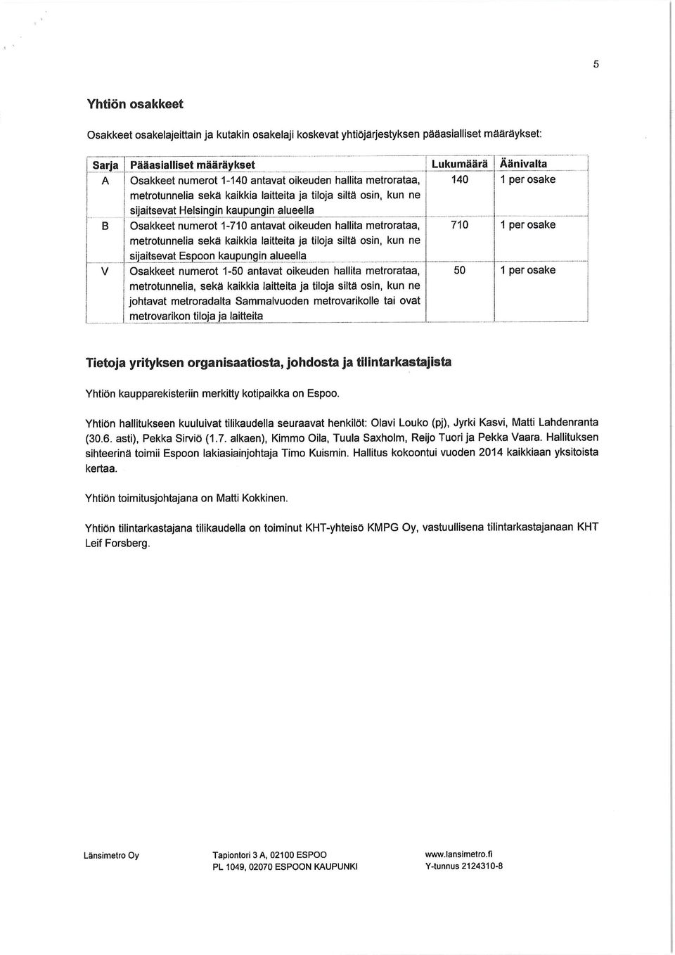 metrotunnelia sekä kaikkia laitteita ja tiloja siltä osin, kun ne sijaitsevat Espoon kaupungin alueella V l Osakkeet numerot 1-50 antavat oikeuden hallita metrorataa, j metrotunnelia, sekä kaikkia