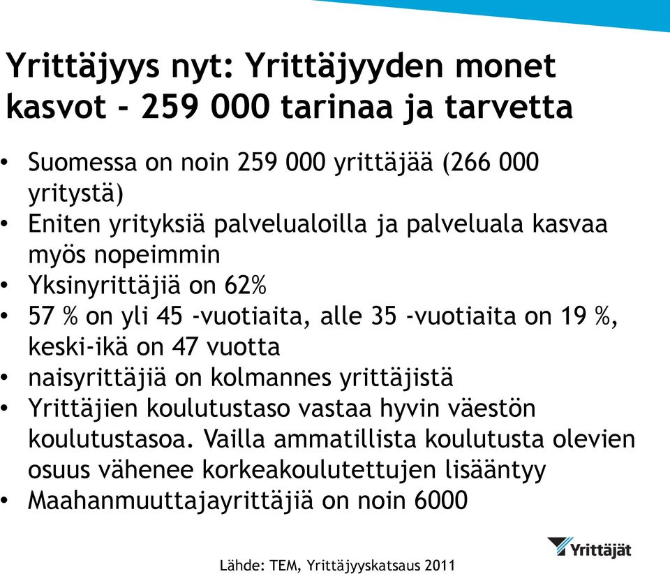 %, keski-ikä on 47 vuotta naisyrittäjiä on kolmannes yrittäjistä Yrittäjien koulutustaso vastaa hyvin väestön koulutustasoa.