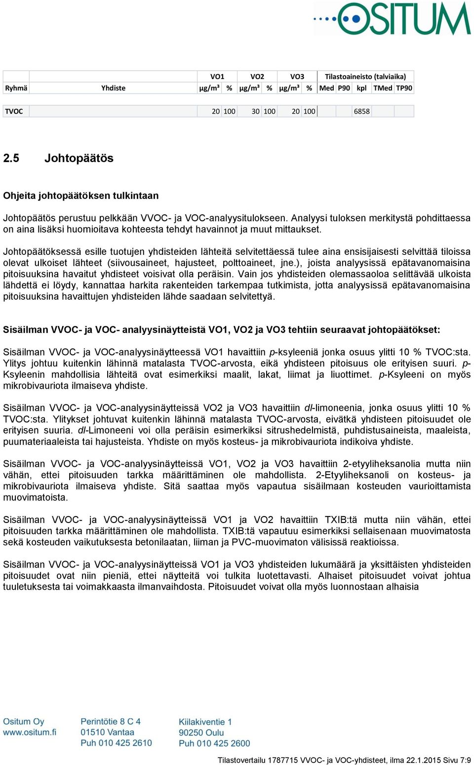 Analyysi tuloksen merkitystä pohdittaessa on aina lisäksi huomioitava kohteesta tehdyt havainnot ja muut mittaukset.