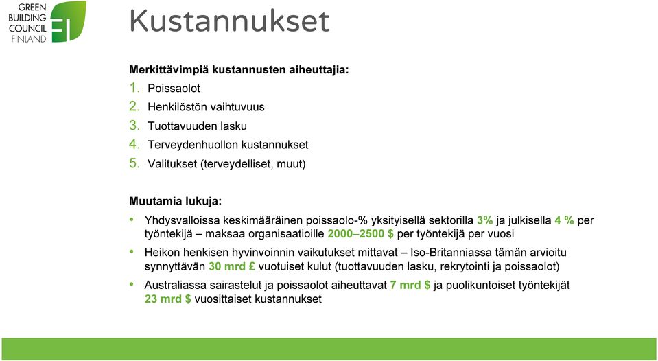 maksaa organisaatioille 2000 2500 $ per työntekijä per vuosi Heikon henkisen hyvinvoinnin vaikutukset mittavat Iso-Britanniassa tämän arvioitu synnyttävän 30 mrd