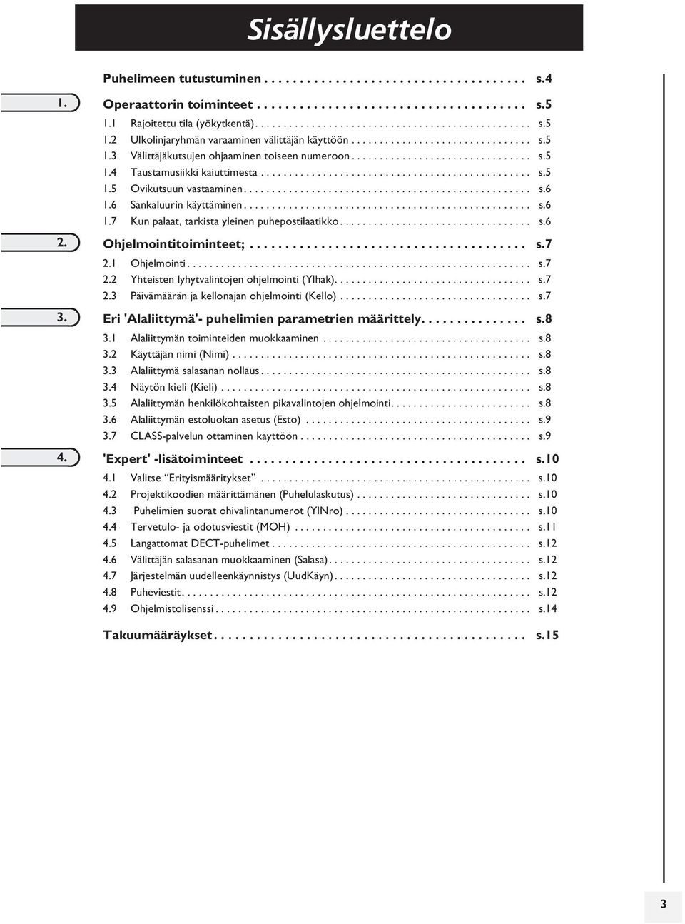 .................................................. s. 1. Sankaluurin käyttäminen................................................... s. 1.7 Kun palaat, tarkista yleinen puhepostilaatikko.................................. s.. Ohjelmointitoiminteet;.
