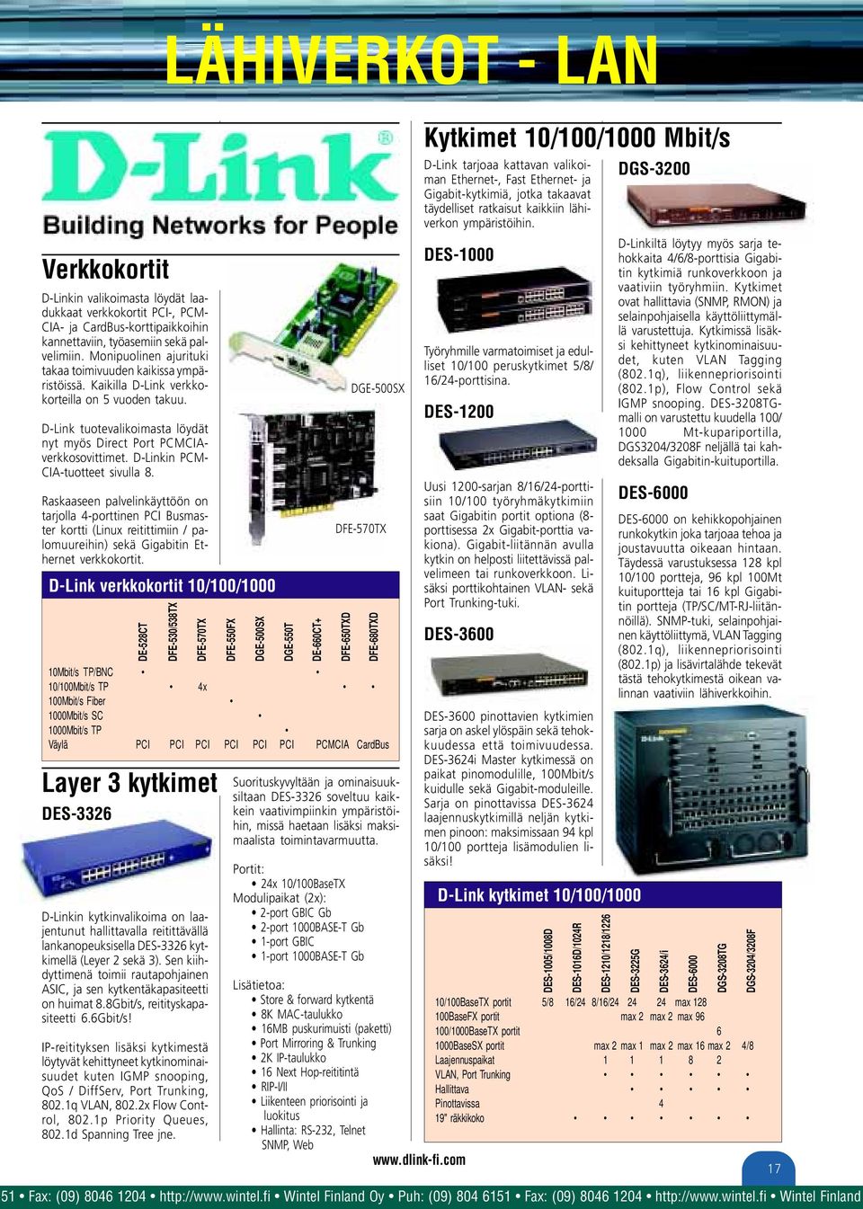 D-Linkin PCM- CIA-tuotteet sivulla 8. Raskaaseen palvelinkäyttöön tarjolla 4-porttinen PCI Busmaster kortti (Linux reitittimiin / palomuureihin) sekä Gigabitin Ethernet verkkokortit.