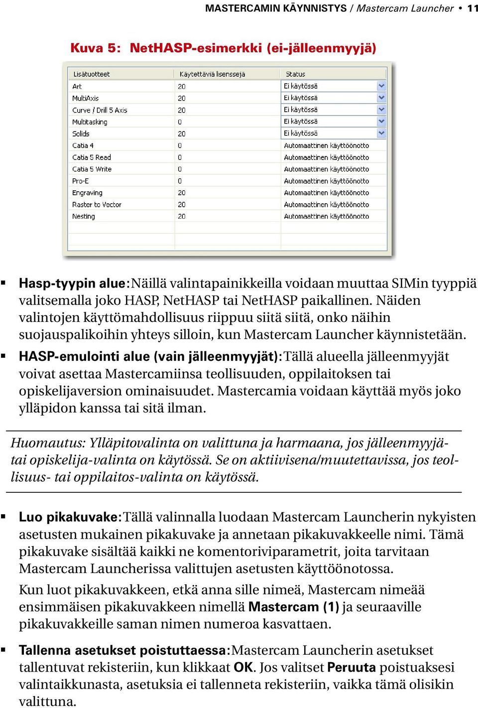 HASP-emulointi alue (vain jälleenmyyjät):tällä alueella jälleenmyyjät voivat asettaa Mastercamiinsa teollisuuden, oppilaitoksen tai opiskelijaversion ominaisuudet.