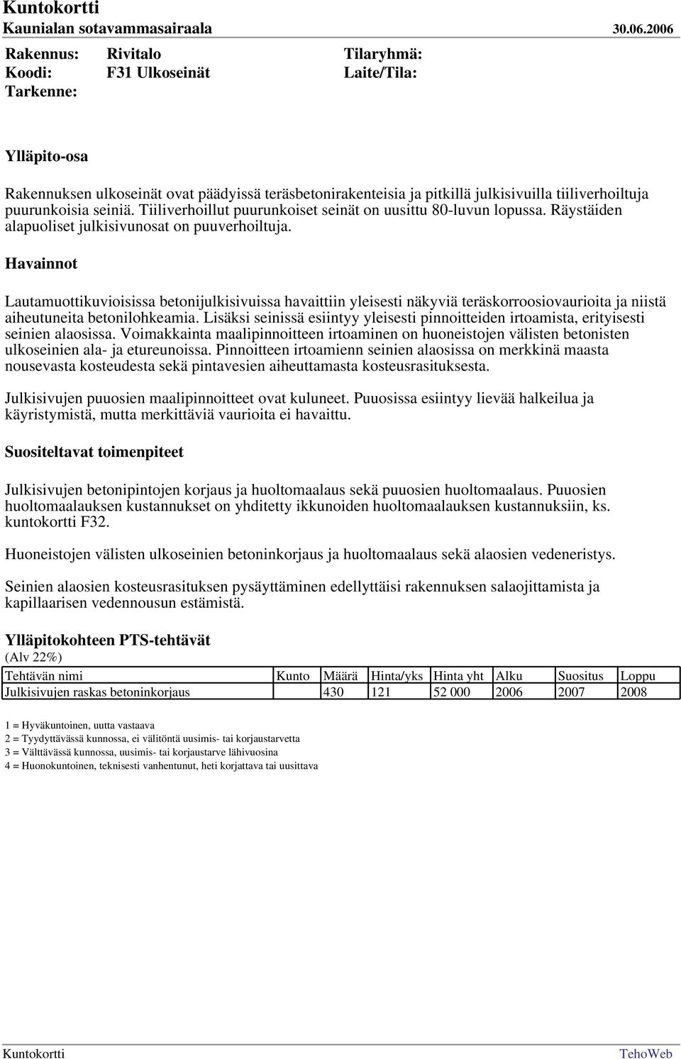 Havainnot Lautamuottikuvioisissa betonijulkisivuissa havaittiin yleisesti näkyviä teräskorroosiovaurioita ja niistä aiheutuneita betonilohkeamia.