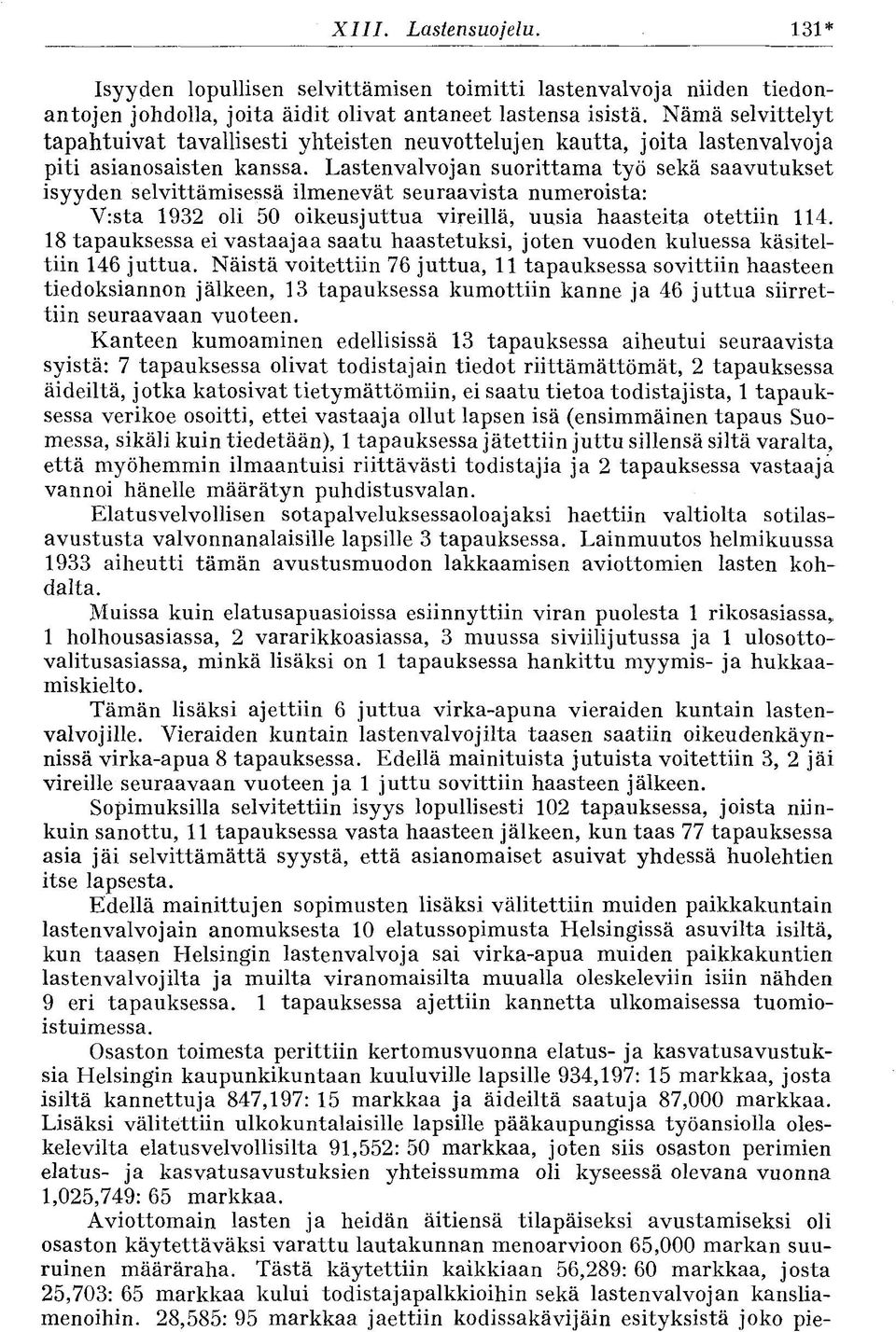 Lastenvalvojan suorittama työ sekä saavutukset isyyden selvittämisessä ilmenevät seuraavista numeroista: V:sta 1932 oli 50 oikeusjuttua vireillä, uusia haasteita otettiin 114.