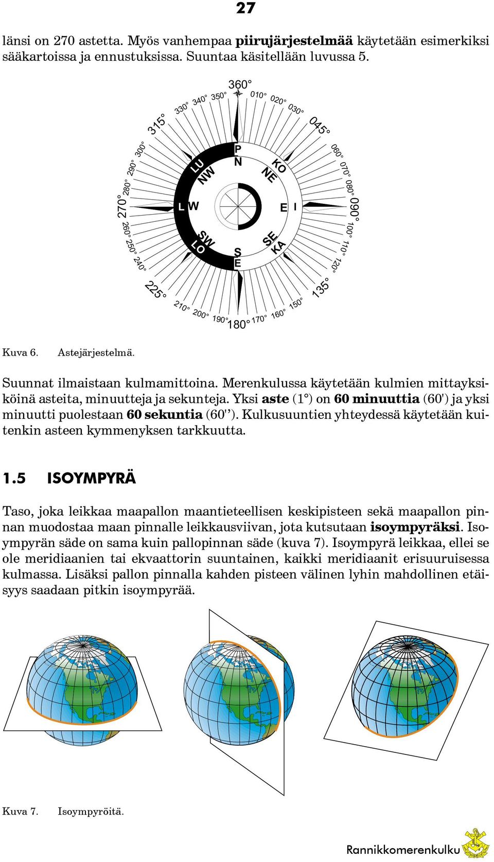 Suunnat ilmaistaan kulmamittoina. Merenkulussa käytetään kulmien mittayksiköinä asteita, minuutteja ja sekunteja. Yksi aste (1 ) on 60 minuuttia (60') ja yksi minuutti puolestaan 60 sekuntia (60' ).