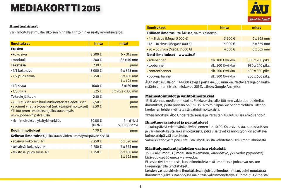 mm 1/8 sivua 525 3 x 90/2 x 135 mm Tekstin jälkeen 2,10 pmm kuulutukset sekä kuulutusluonteiset tiedotukset avoimet virat ja työpaikat (rekrytointi-ilmoitukset) Yli 100 pmm ilmoitukset julkaistaan