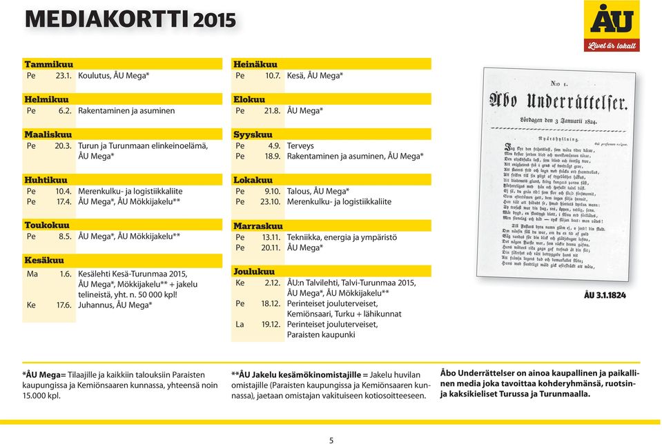 5. ÅU Mega*, ÅU Mökkijakelu** Kesäkuu Ma 1.6. Ke 17.6. Kesälehti Kesä-Turunmaa 2015, ÅU Mega*, Mökkijakelu** + jakelu telineistä, yht. n. 50 000 kpl! Juhannus, ÅU Mega* Marraskuu Pe 13.11.