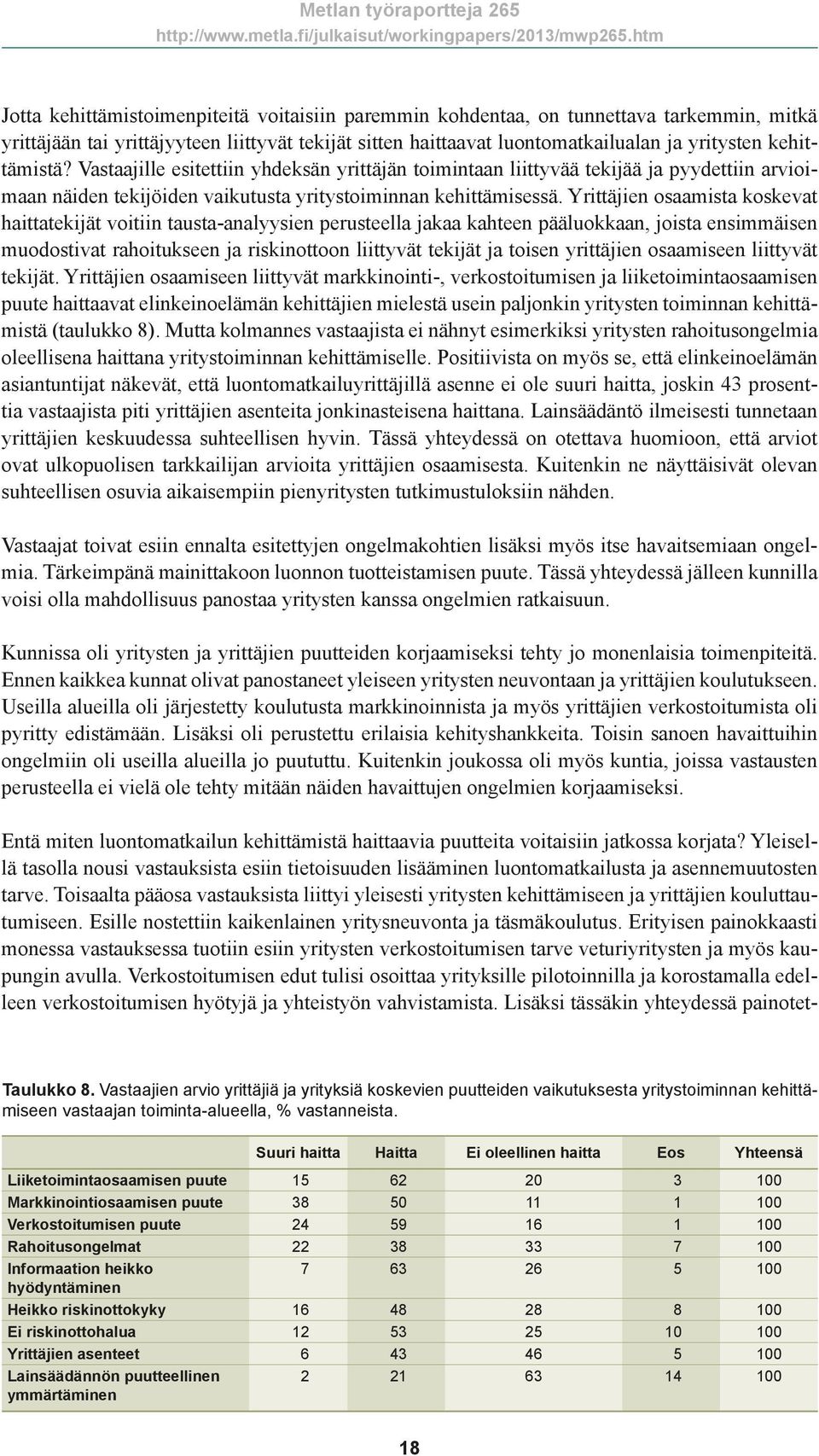 Yrittäjien osaamista koskevat haittatekijät voitiin tausta-analyysien perusteella jakaa kahteen pääluokkaan, joista ensimmäisen muodostivat rahoitukseen ja riskinottoon liittyvät tekijät ja toisen