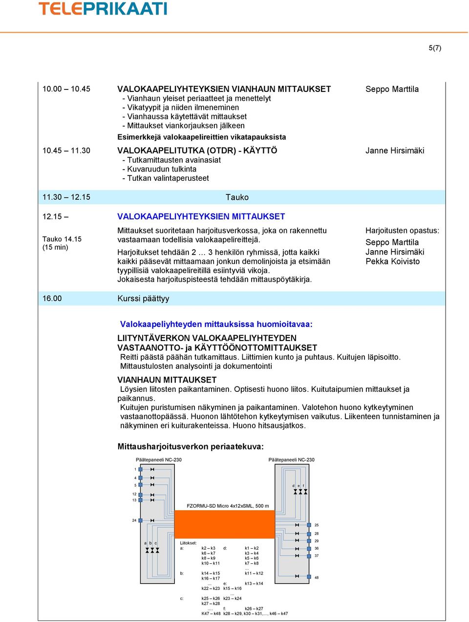 Esimerkkejä valokaapelireittien vikatapauksista 10.45 11.30 VALOKAAPELITUTKA (OTDR) - KÄYTTÖ - Tutkamittausten avainasiat - Kuvaruudun tulkinta - Tutkan valintaperusteet Janne Hirsimäki 11.30 12.