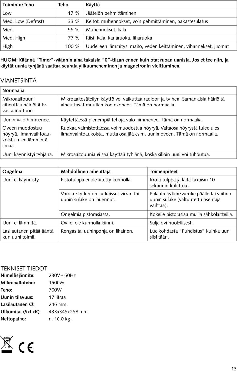 uunista. Jos et tee niin, ja käytät uunia tyhjänä saattaa seurata ylikuumeneminen ja magnetronin vioittuminen. VIANETSINTÄ Normaalia Mikroaaltouuni aiheuttaa häiriöitä tvvastaanottoon.