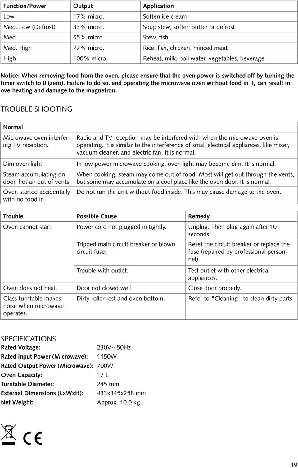 Reheat, milk, boil water, vegetables, beverage Notice: When removing food from the oven, please ensure that the oven power is switched off by turning the timer switch to 0 (zero).