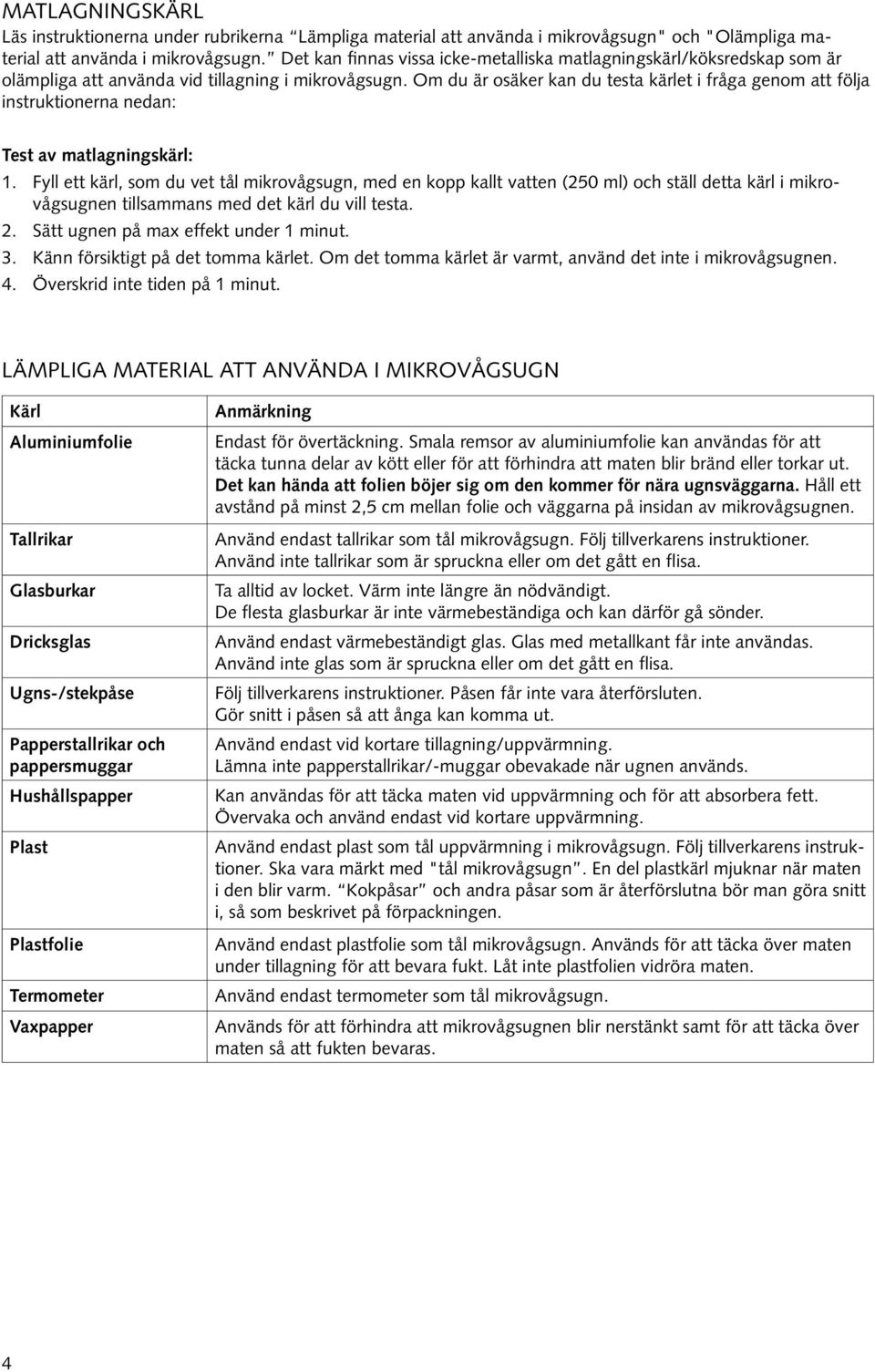 Om du är osäker kan du testa kärlet i fråga genom att följa instruktionerna nedan: Test av matlagningskärl: 1.